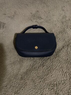 Tory Burch Navy Leather Mini Top-Handle Bag with Gold Logo